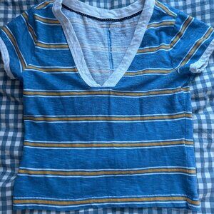 Pilcro Plunge Ringer blue and yellow striped v- neck T-shirt